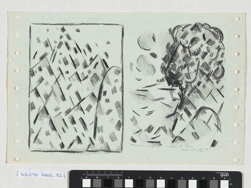 [Paper lithographic plate for Titirangi bush landscape and Old woman by the sea]